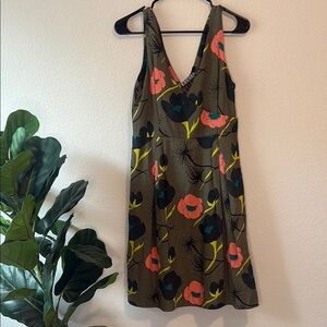 Anthropologie Olive Green Floral Dress with Coral and Black Accents